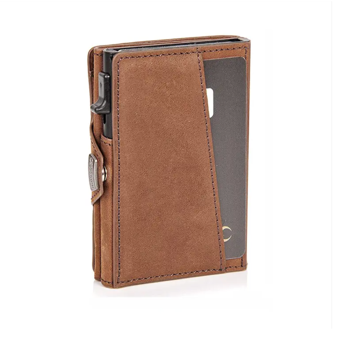 Brown Slider Pop-Up Card Holder Wallet